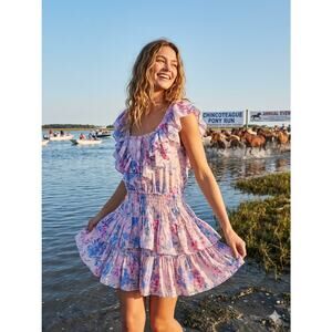 LoveShackFancy Love You More Floral Tiered Mini Dress M - Whimsical Pink Purple